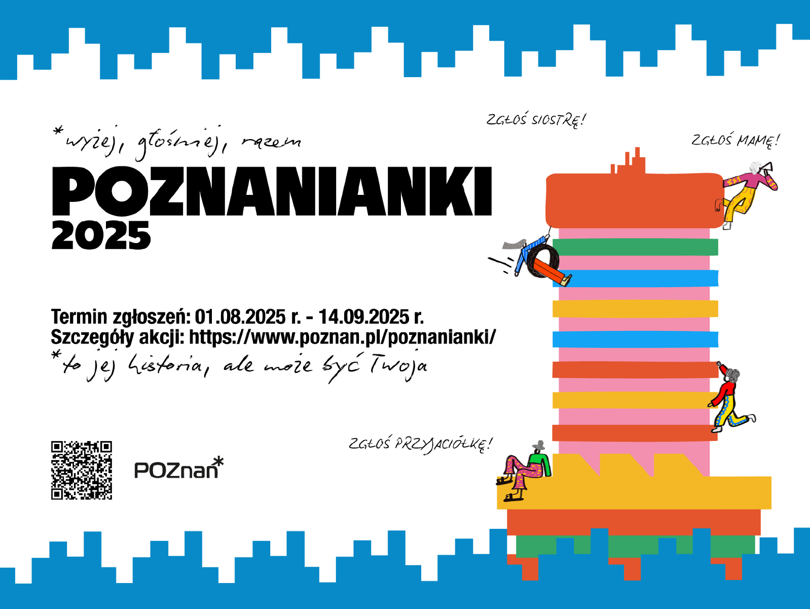 na białym tle kolorowy wysoki budynek, z boku budynku niewielkie wspinające się kolorowe postaci. Czarne napisy z informacjami.