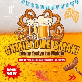 W tle znajduje się duży kufel piwa z pianą. Przed nim na froncie znajdują się precle, kiełbasy i liście oraz kłosy chmielu. Na czerwonym tle widnieje napis "book now". Oprócz tego szczegółowe informacje zawarte w treści artykułu.