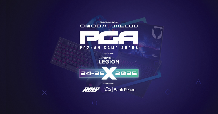 Tło w odcieniach ciemnego fioletu z grafikami sprzętu gamingowego (klawiatura, laptop gamingowy). Na środku duże logo PGA - Poznań Game Arena. Powyżej loga sponsora głównego, poniżej sponsor, data wydarzenia oraz partnerzy.