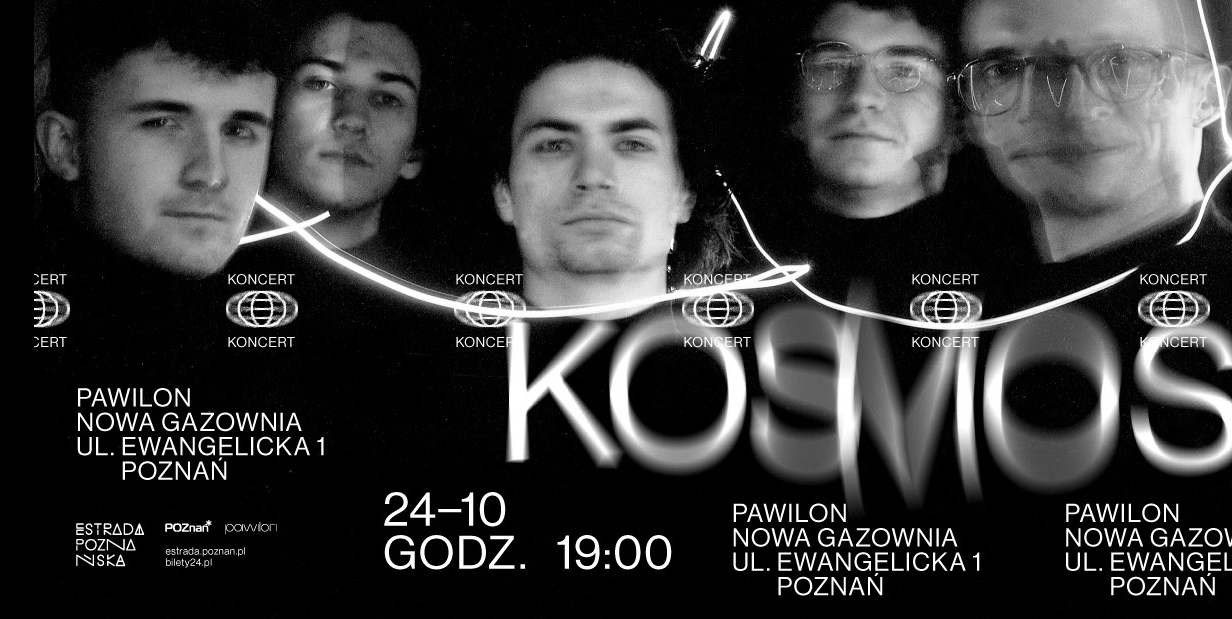 Czarno-białe, rozmazane zdjęcie muzyków na czarnym tle. Na froncie rozmazany napis "kosmos" oraz szczegółowe informacje na temat wydarzenia, zawarte w treści artykułu.