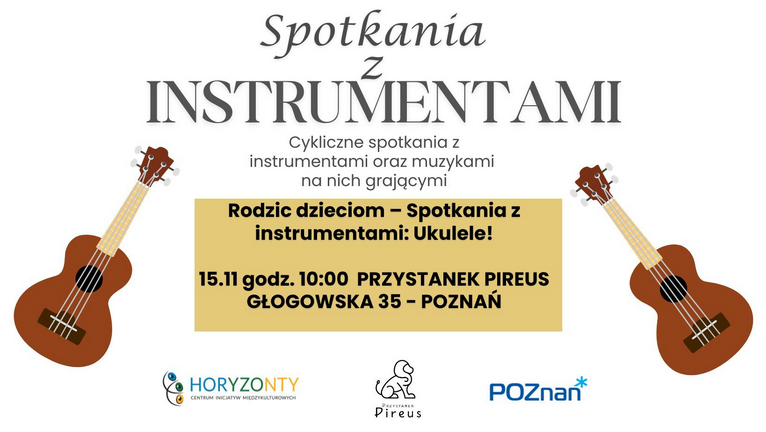 Grafiki gitar z prawej i z lewej strony. Po środku napisy - szczegóły dotyczące wydarzenia zawarte w treści artykułu. Na dole logo Poznania, Przystanku Pireus i Centrum Horyzonty.