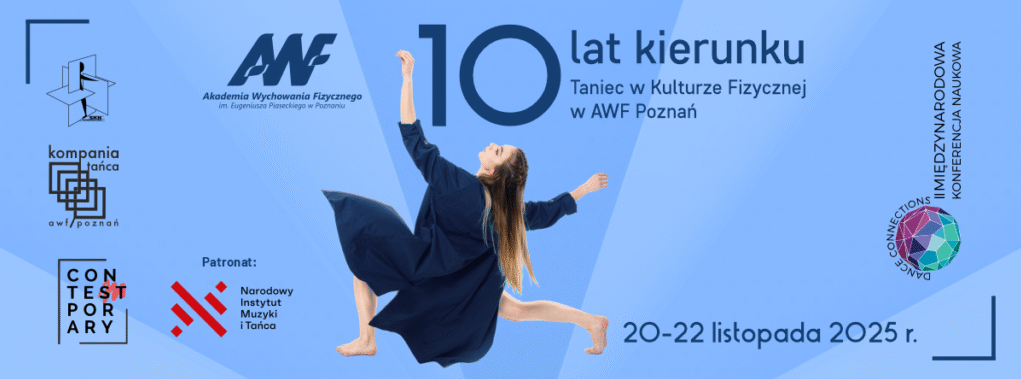 W centralnej części grafiki znajduje się tancerka w granatowym stroju, uchwycona w dynamicznej pozie na jasnoniebieskim tle. Wokół napisy, loga patronów i organizatorów oraz data wydarzenia, zawarte w treści artykułu.
