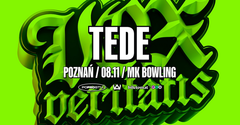 W tle zielono-czarna, trójwymiarowa grafika z napisem "vox veritatis". Na dole logotypy sponsorów i partnerów. W centralnej części białe napisy z czarną ramką, w tym nazwa artysty oraz miejsce i data wydarzenia, zawarte w treści artykułu.