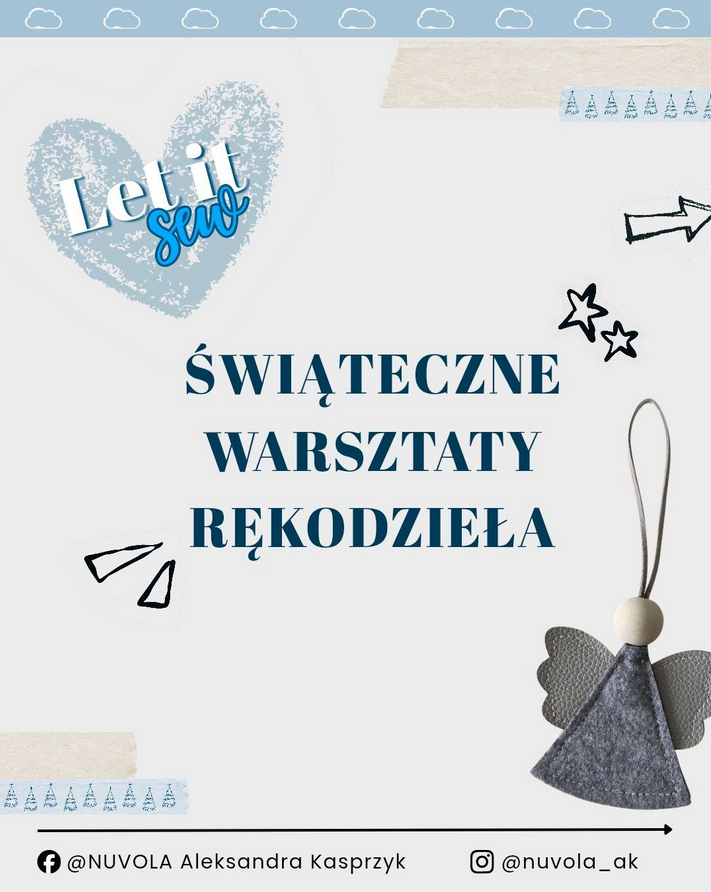 Na jasnym tle, na środku napis "Świąteczne warsztaty rękodzieła". W lewym górnym rogu widoczny jest niebieski motyw serca z napisem "Let it sew". W prawym dolnym rogu umieszczona jest ozdoba w kształcie aniołka wykonana z filcu i drewnianej kulki. Wokół znajdują się drobne dekoracyjne rysunki, takie jak gwiazdki, strzałki i choinki. Na dole informacje o profilach pracowni krawieckiej Nuvola na Facebooku i Instagramie..
