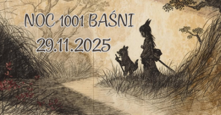 Ilustracja w stylu rysunku, która przedstawia dwie postaci o baśniowym wyglądzie idące ścieżką wzdłuż rzeki. Wyższa postać ma długi kij, mniejsza przypomina małe stworzenie.