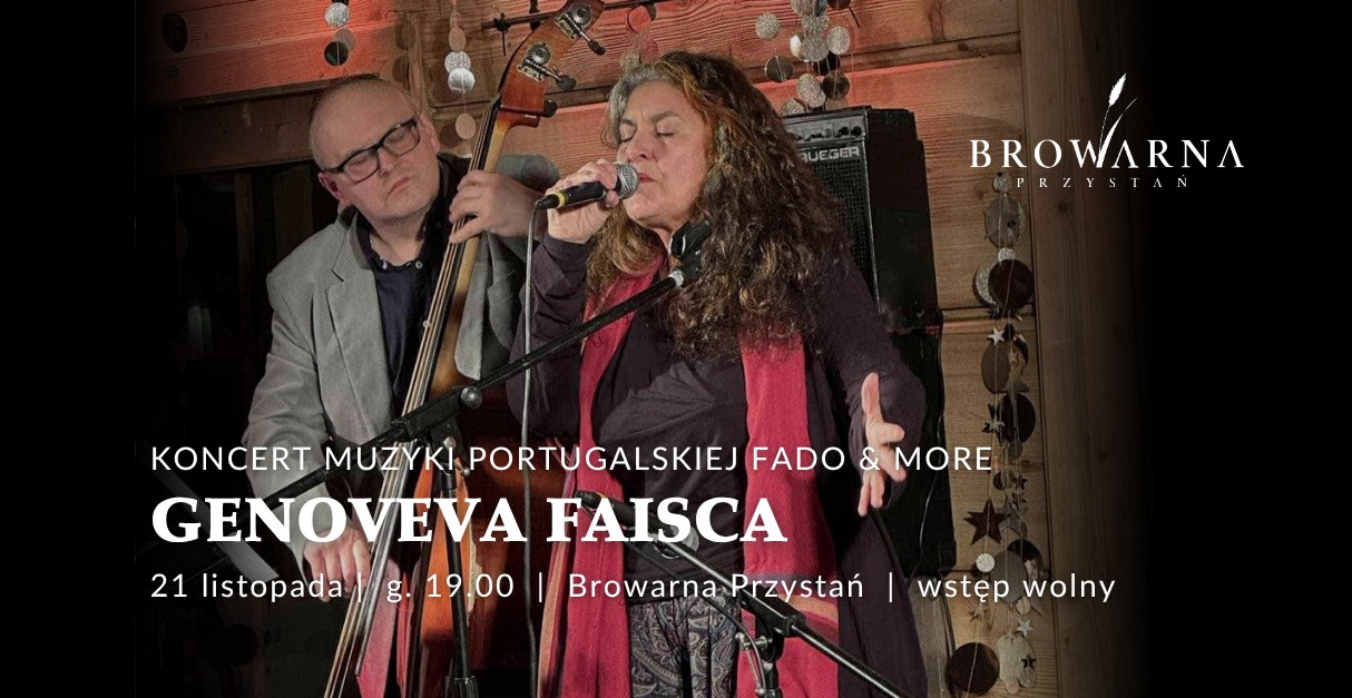 Na zdjęciu widać wokalistkę śpiewającą do mikrofonu, z długimi, kręconymi włosami i czerwonym szalem, a obok niej muzyka grającego na kontrabasie. W tle znajdują się drewniane ściany i dekoracje. Na froncie widać napisy - szczegóły dotyczące wydarzenia, zawarte w treści artykułu.