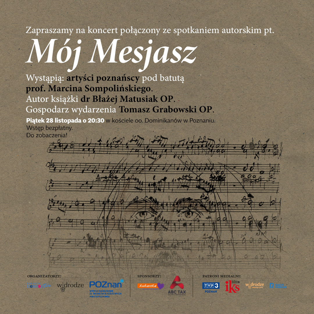 na brązowo-szarym tle znajdują się informacje o wydarzeniu napisane białymi i czarnymi literami oraz czarne nury zapisane na pięcioliniach układające się w kształt twarzy