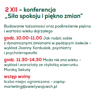Informacje o wydarzeniu zawarte w treści artykułu, napisane zieloną czcionką na białym tle. Godziny oraz zwrot "wstęp wolny" zapisane czerwoną czcionką.