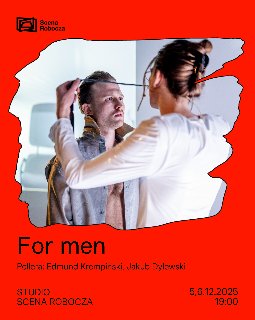 W czerwonej ramce wyciętej w nieregularny kształt znajduje się zdjęcie przedstawiające dwoje aktorów na scenie. Na czerwonym tle nazwa wydarzenia zawarta w treści artykułu.