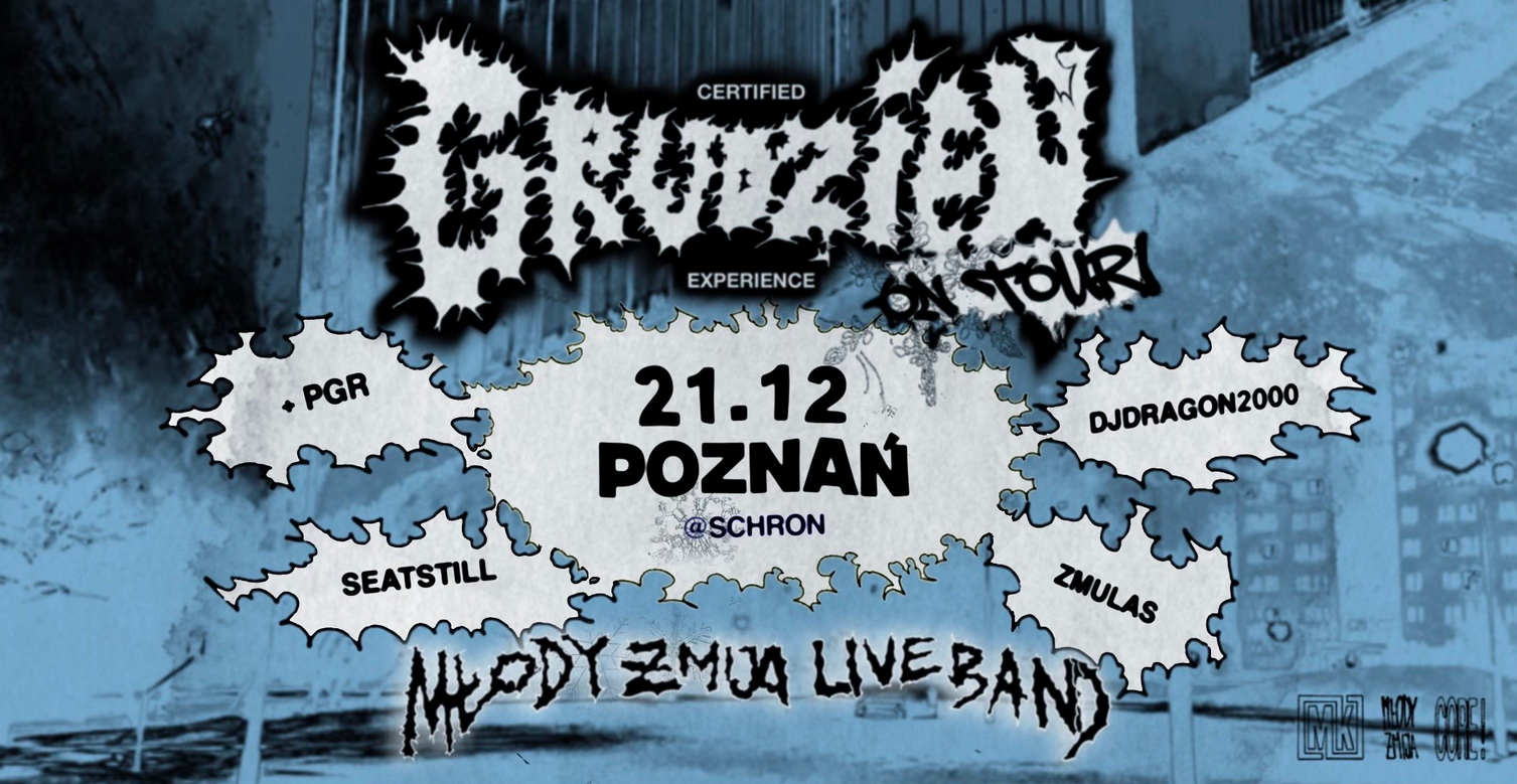 Plakat w mrocznej, niebiesko-szarej kolorystyce z ostrą, kontrastową grafiką. Nieregularne, postrzępione kształty przypominające plamy lub wybuchy rozmieszczone są na tle miejskiej, industrialnej scenerii.W ich środku znajdują się nazwy wykonawców oraz inne informacje, zawarte w treści artykułu.