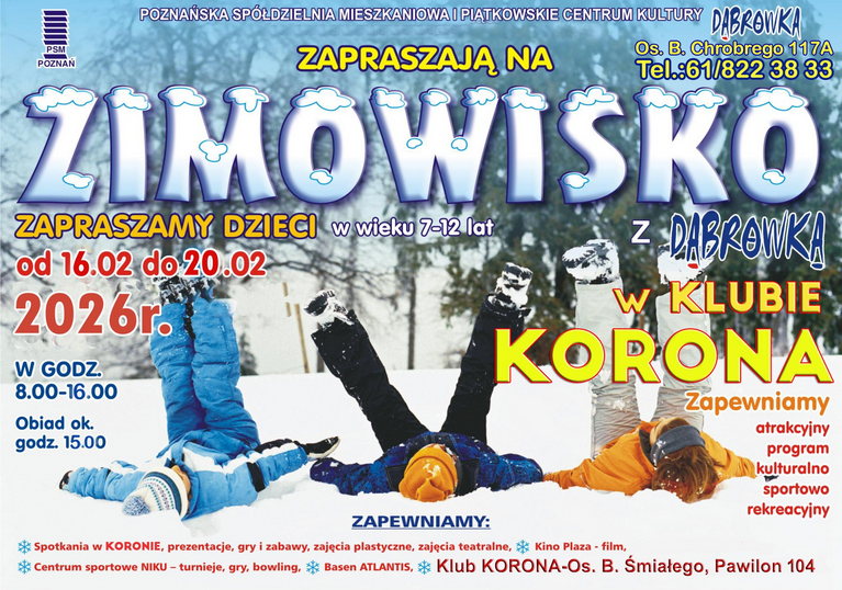 Na tle zimowego parku troje dzieci bawi się w śniegu, leżąc na plecach z uniesionymi nogami. Wokół napisy o różnych wielkościach i kolorach, są to szczegóły dotyczące wydarzenia zawarte w treści artykułu.