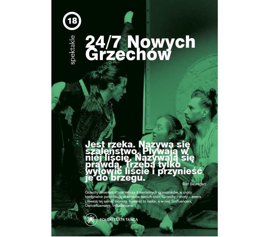 na zielonym tle po prawej stronie na podłodze siedzi mężczyzna i kobieta, po lewej stronie stoi, patrząc na siedzących, również kobieta i mężczyna. Na plakacie również znajdują się informacje o spektaklu.