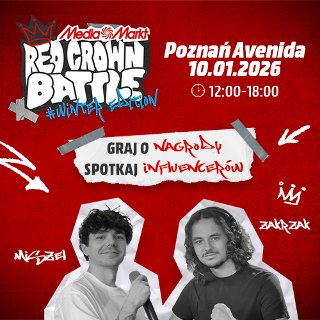 Czarno-białe zdjęcia dwóch mężczyzn przedstawione w formie naklejek. Plakat na czerwonym tle. Wokół białe i niebieskie napisy, będące szczegółami dotyczącymi wydarzenia, które są zawarte w treści artykułu.