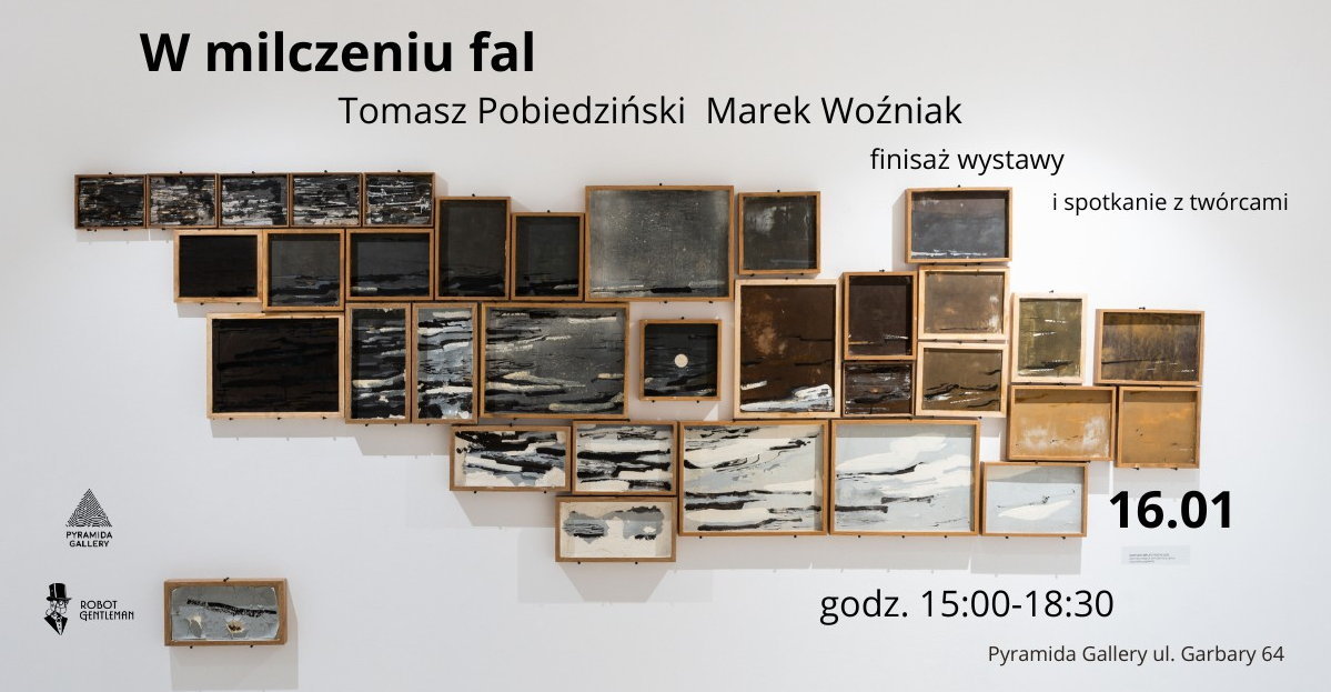 Plakat przedstawiający wiele drewnianych ramek wypełnionych dziełami sztuki, które wiszą na białej ścianie. Wokół informacje o wydarzeniu zawarte w treści artykułu.