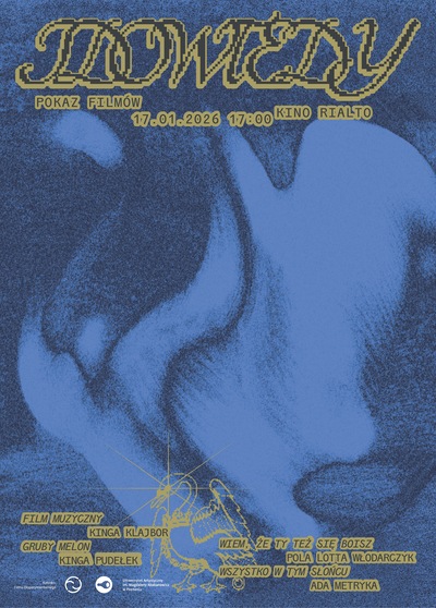 Plakat prezentujący niebieskie, rozmyte kształty. Wokół żółto-czarne napisy, będące szczegółami wydarzenia, które są zawarte w treści artykułu.