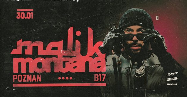 Na plakacie zdjęcie artysty, mężczyzny w czarnym stroju, trzymającego oburącz okulary przed twarzą. Z lewej strony czerwone napisy, szczegóły na temat wydarzenia zawarte w treści artykułu. Tło czarno-czerwone. Na plakat naniesiony efekt jakby zdjęcie było postarzone lub lekko zniszczone.