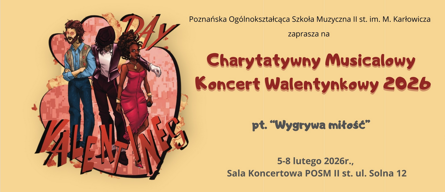 Plakat z żółtym, jednolitym tłem. Z lewej strony grafika w stylu komiksowym prezentująca 3 elegancko ubrane osoby. Za nimi widać serca oraz napis "Valentines day". Z prawej strony napisy będące szczegółami na temat wydarzenia, które są zawarte w treści artykułu.