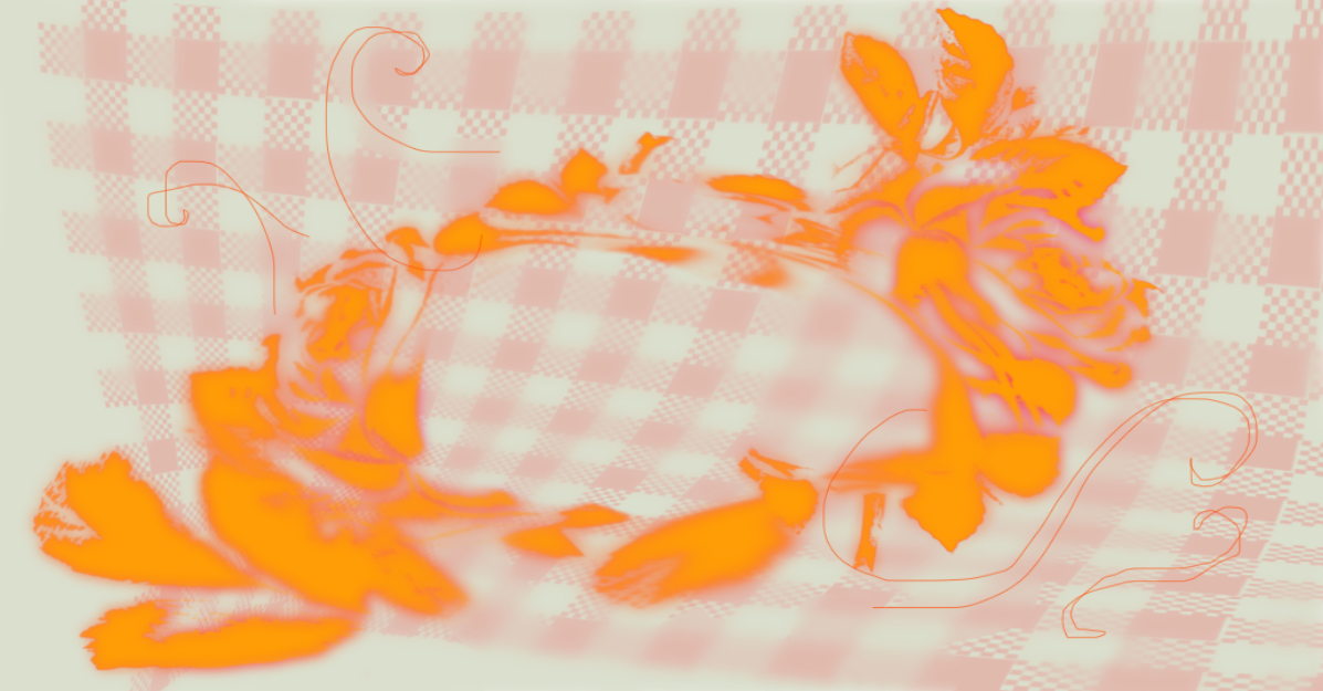 Abstrakcyjne kształty przypominające kompozycję kwiatową w kolorze pomarańczowym na tle ledwo widocznej biało-czerwonej ceraty w kratkę.