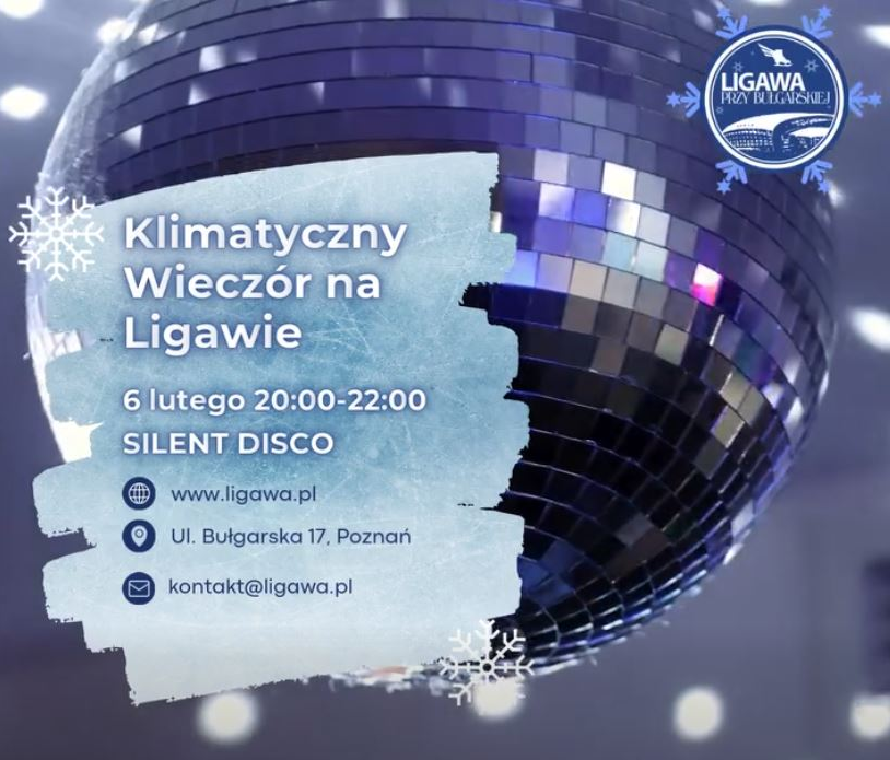 Grafika przedstawiająca dużą lustrzaną kulą dyskotekową w odcieniach niebieskiego i fioletu. Przed nią plama przypominająca lód oraz śnieżynki. Umieszczono tam białe napisy - szczegóły dotyczące wydarzenia, zawarte w treści artykułu.