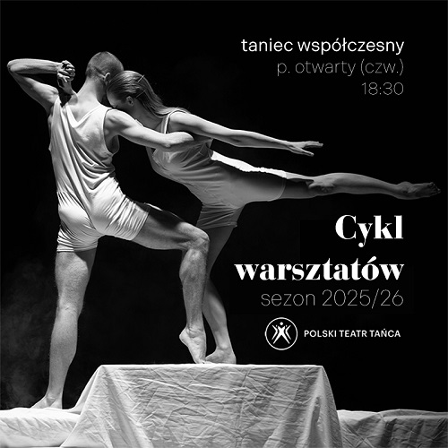 Czarno-białe zdjęcie pary tancerzy w tanecznej pozie i informacja na temat warsztatów.