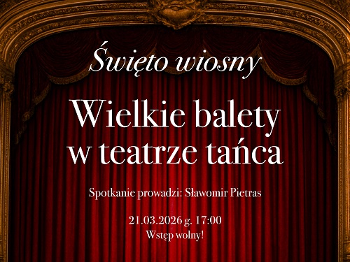 Na tle bordowej kurtyny informacje na temat wydarzenia.