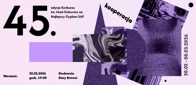 Plakat o nowoczesnej, kolażowej kompozycji w odcieniach fioletu, czerni i bieli. Głównym motywem są nakładające się na siebie geometryczne kształty - trójkąty, koła i prostokąty, wypełnione ziarnistymi teksturami oraz czarno-białymi, płynnymi wzorami przypominającymi dym. Wokół umieszczono czarne napisy. To szczegóły dotyczące wydarzenia zawarte w treści artykułu.