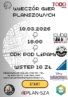 Na górze po lewej stronie znajduje się kość do gry. W tle umieszczono duży, jasnoszary zarys mapy z siatką ulic. Na froncie dłonie pikselowe wskazujące w dół. Po prawej stronie plakatu umieszczono logotypy wydawców gier planszowych. U dołu widnieje żółty przycisk z napisem "Start". Pod nim znajdują się trzy dodatkowe logotypy z ilustracją graczy przy stole, logo Plan-Sza oraz zielono-białe logo ODK "Pod Lipami". Oprócz tego widoczne napisy - szczegóły na temat wydarzenia zawarte w treści artykułu.