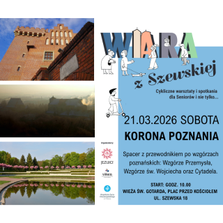 Lewą stronę zajmują trzy ułożone pionowo zdjęcia: ceglana wieża zamkowa na tle błękitnego nieba, zamglony widok na dachy budynków oraz staw w parku Cytadela. Prawą stronę stanowi błękitne tło z dużą, kolorową grafiką słowa "wiara", w którą wpleciono czarno-białe ilustracje spacerujących ludzi i psa. Poniżej znajduje się rysunek dziecka jadącego na hulajnodze oraz kolumna logotypów organizatorów. Poniżej widoczne są napisy, będące szczegółami na temat wydarzenia, które są zawarte w treści artykułu.