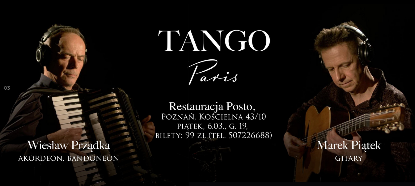 Plakat z czarnym tłem. Po lewej stronie widać mężczyznę grającego na akordeonie, a po prawej mężczyznę grającego na gitarze klasycznej. Obaj artyści mają na głowach profesjonalne słuchawki. Pomiędzy nimi widoczne są szczegóły na temat wydarzenia zawarte w treści artykułu.
