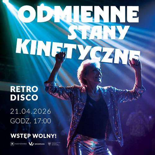 Zdjęcie kobiety w połyskującym stroju, z rękoma uniesionymi do góry, oświetlonej przez niebiesko-fioletowe światło. Z lewej strony informacje o wydarzeniu, na górze plakatu tytuł wydarzenia.