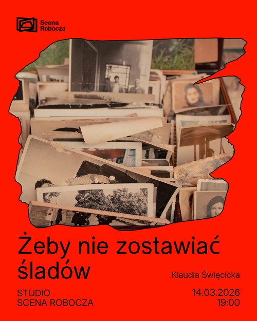 Na czerwonym tle zdjęcie wielu różnych fotografii w skrzynce. U dołu plakatu tytuł wydarzenia i inne informacje na jego temat.