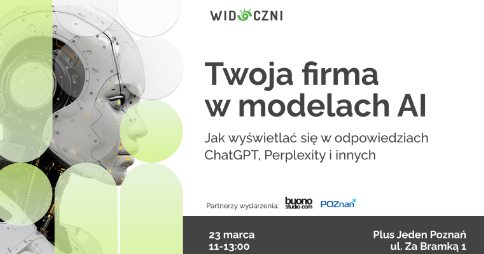 Po lewej stronie grafiki znajduje się futurystyczna ilustracja głowy robota w odcieniach szarości na białym tle, na którą nałożono półprzezroczyste, jasnozielone koła. W prawej części plakatu umieszczono tytuł wydarzenia oraz informacje o organizatorze, zawarte w treści artykułu.