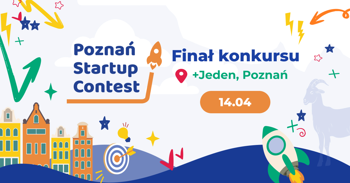 Kolorowa, ilustrowana grafika zapraszająca na finał konkursu Poznań Startup Contest, który odbędzie się 14 kwietnia w przestrzeni +Jeden w Poznaniu. Na białym tle znajdują się rysunki: kolorowe kamienice, rakiety, gwiazdy, tarcza strzelnicza oraz sylwetka poznańskiego koziołka. Centralnym elementem jest duży napis z nazwą konkursu oraz pomarańczowa ikona startującej rakiety.
