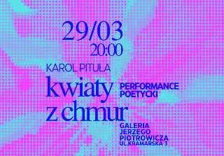 Plakat o wyrazistej, różowo-błękitnej kolorystyce, wykonany w stylistyce rastrowej (złożony z wyraźnych kropek). W górnej części widnieje duża data i godzina wydarzenia oraz szczegółowe informacje zawarte w treści artykułu. Tekst jest napisany ciemnoniebieską czcionką.