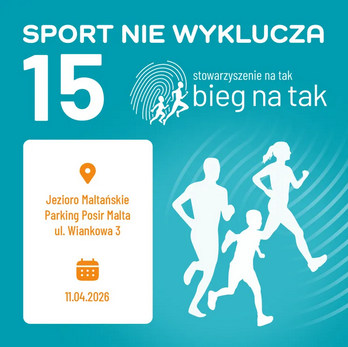 Grafika z turkusowym tłem. W lewym górnym rogu widnieje duża, biała cyfra 15. Obok niej biały prostokąt o zaokrąglonych rogach, w którym umieszczono pomarańczowe napisy. Są to szczegóły na temat wydarzenia zawarte w treści artykułu. Z prawej strony sylwetki 3 biegaczy: kobiety, mężczyzny i dziecka.