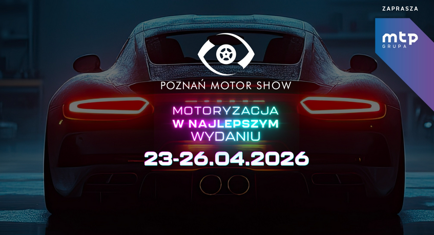 Grafika przedstawia tył sportowego samochodu z wyraźnie świecącymi czerwonymi światłami. Na środku widnieje neonowy napis "Motoryzacja w najlepszym wydaniu" oraz logo wydarzenia i data. W górnym prawym rogu znajduje się logotyp Grupy MTP.