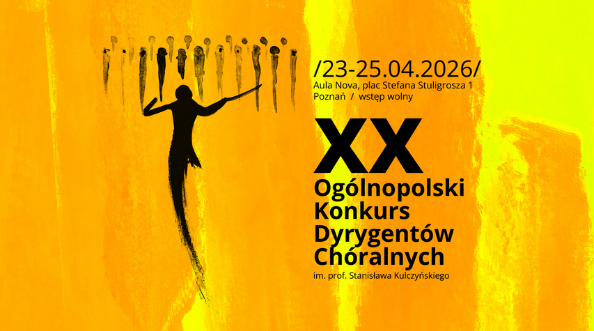 Plakat przedstawia na tle malarskich, żółto-pomarańczowych plam czarną sylwetkę dyrygenta z batutą oraz uproszczone postacie chórzystów, uzupełnione informacją o bezpłatnym wstępie i dokładnym adresie wydarzenia, które są zawarte w artykule.