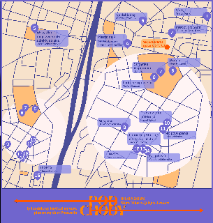 Stylizowana mapa Poznania w kolorach beżowym i fioletowym, prezentująca trasę oraz punkty programu wydarzenia z cyklu "Pochody". Na mapie zaznaczono numerowane punkty z opisami lokalizacji (między innymi Stary Rynek, plac Wolności), a prawa strona grafiki zawiera powiększony detal centrum miasta w białym okręgu. Na dole, na fioletowym pasie, widnieje pomarańczowy napis "pochody" z dwiema strzałkami skierowanymi w przeciwne strony oraz informacje o wydarzeniu zawarte w treści artykułu..