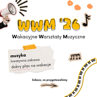 W górnej części żółte litery "www '26" oraz nazwa wydarzenia. Po lewej stronie widnieje dłoń trzymająca biało-czerwony megafon, a po prawej unosi się czarna nuta oraz pomarańczowe kropki. Centralną część zajmuje grafika stylizowana na przypiętą pomarańczową taśmą kartkę z zeszytu w kratkę, na której wypisano informacje o wydarzeniu zawarte w treści artykułu. Dół plakatu zdobią mniejsze elementy: nuty, wygięta w łuk czarno-biała klawiatura pianina oraz napis "zobacz, co przygotowaliśmy".