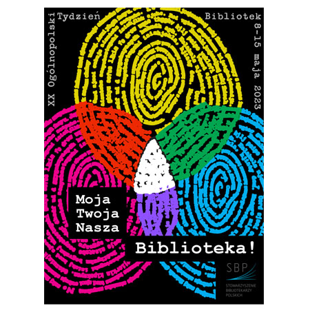 "Moja, Twoja, Nasza" 3 kolorowe odciski palca nachodzące na siebie na środku.