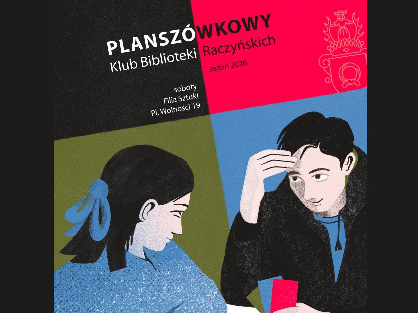 Informacje o klubie planszówkowym Biblioteki Raczyńskich, pod spodem rysunek dwóch osób grających w karty.