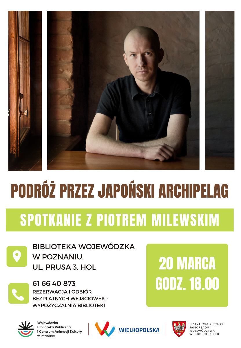 Łysy mężczyzna w czarnej koszulce siedzi przy stole. Poniżej informacje o spotkaniu w Bibliotece Wojewódzkiej.