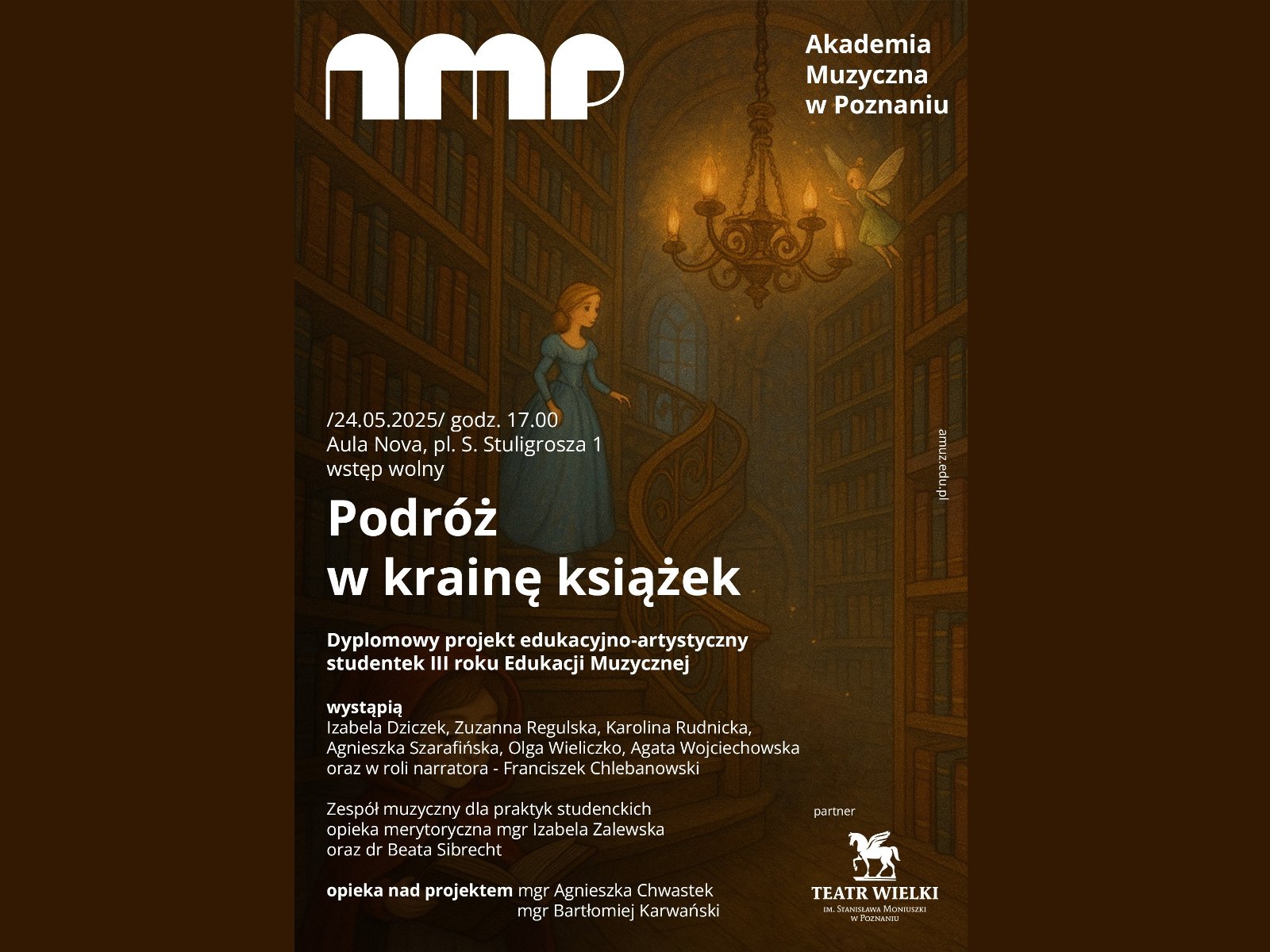 Plakat z rysunkiem kobiety na schodkach w bibliotece, informacj o spektaklu dyplomowym.