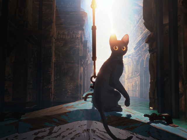 Animowany kot siedzi na dziobie łodzi, płynącej między zalanymi budynkami.