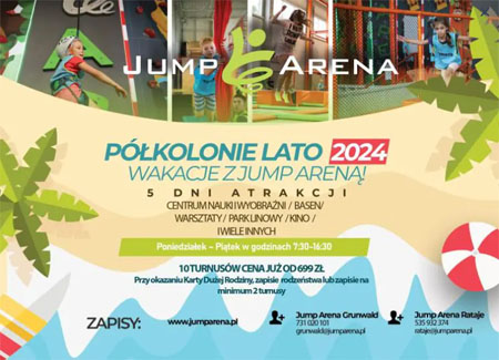 "Półkolonie lato 2024. 5 dni atrakcji. zdjęcia z Jump Areny, piłka plażowa i zielone liście.