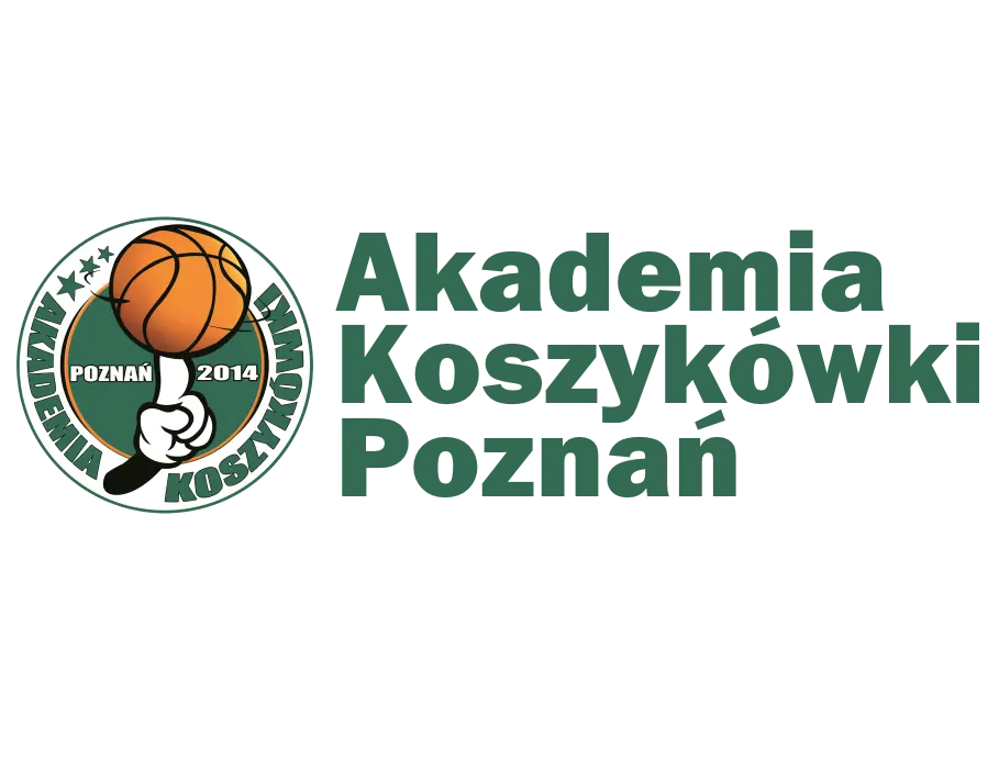 Napis o treści Akademia Koszykówki Poznań, po lewej logo z dłonią kręcącą piłkę do koszykówki.