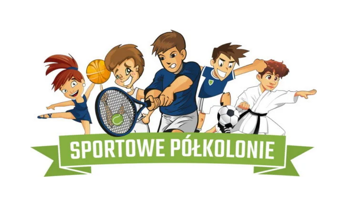 Rysunek wielu postaci uprawiających różne dyscypliny sportu, podpis o treści sportowe półkolonie.