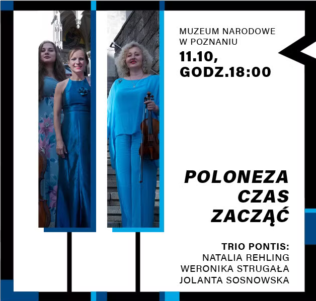 Grafika przedstawia klawisze fortepianu. W dwa z z nich wpisano zdjęcia zespołu Trio Pontis. Trzy kobiety ubrane w niebieskie stroje pozuje do zdjęcia. Stoją na starych, kamiennych schodach. Jedna z kobiet trzyma w ręku skrzypce.