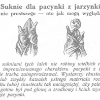 Porada na temat tego jak samodzielnie zrobić kukiełkę teatralną w domu. Tekst ilustruje poglądowy rysunek ręki owiniętej w chusteczkę, z nasadzoną głową pacynki, chyba wykonaną z brukselki.