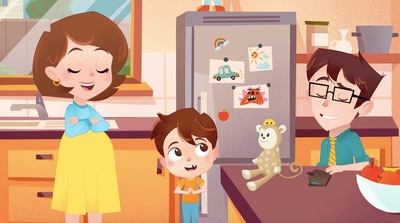 Kolorowa ilustracja przedstawia rodziców i dziecko siedzących w kuchni. Wszyscy mają brązowe włosy. Na blacie stoi zabawkowa małpka. W tle lodówka z ilustracjami i kuchenne meble.